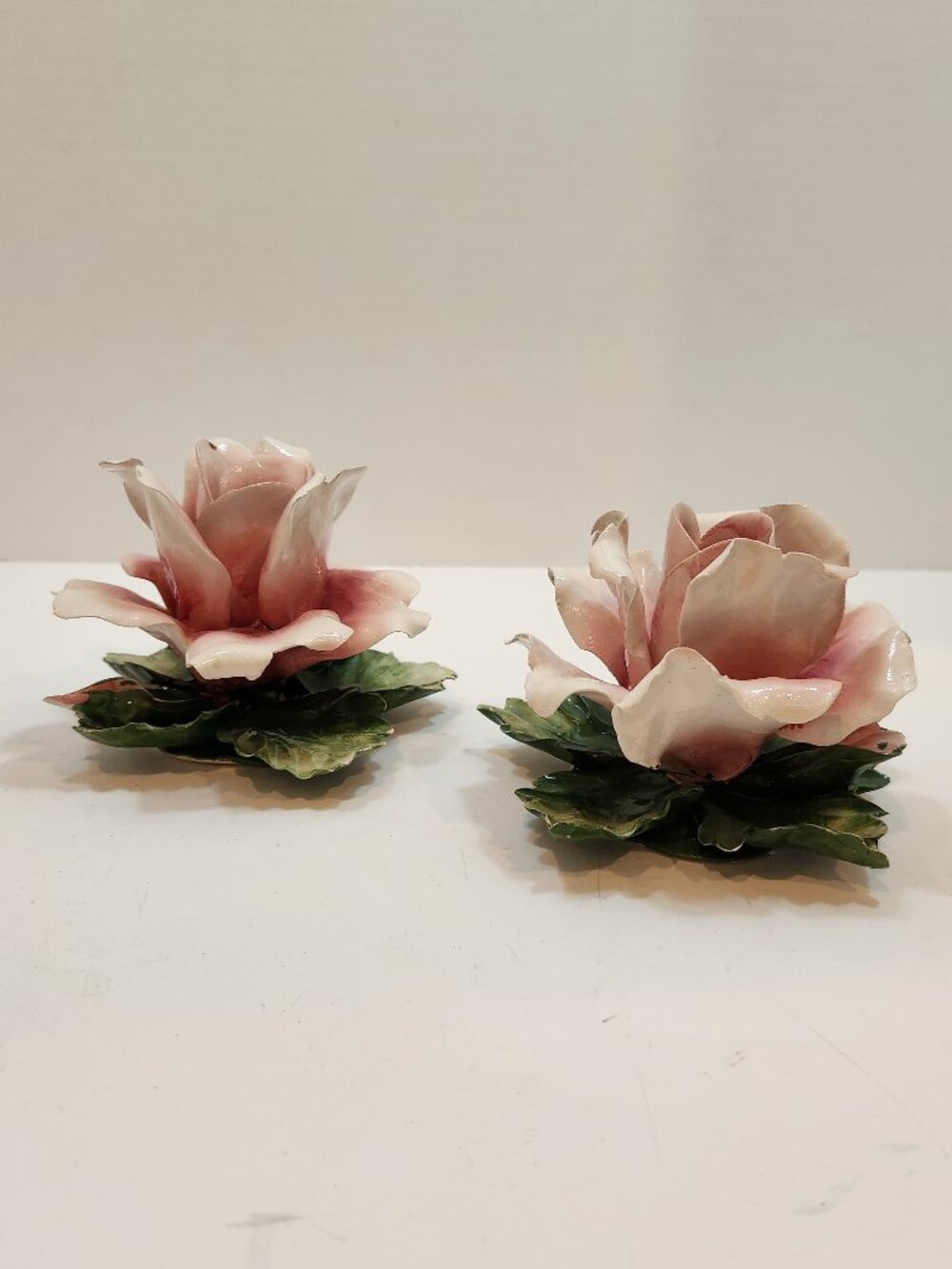 Vintage Pair of Capodimonte Porcelain Rose Candle Holders Italy
